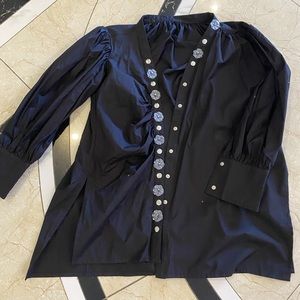 Unique! Black Puff Sleeve Shirt Flower Buttons